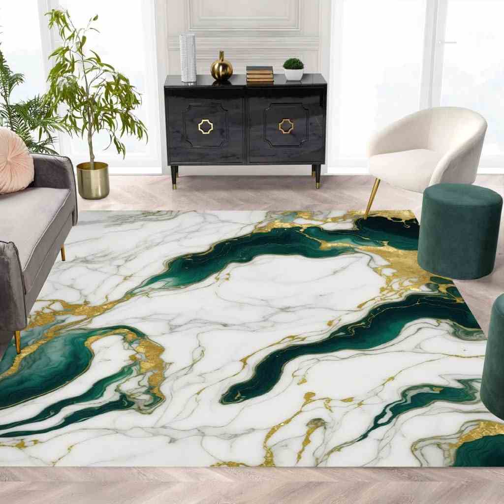 Marble Swirl Modern Abstract Emerald Green Grey Gold Area Rug for Living Room Bedroom Ultra Soft Wool Carpet Under Dining Table Lux Aesthetic Home Office... Size:6x9